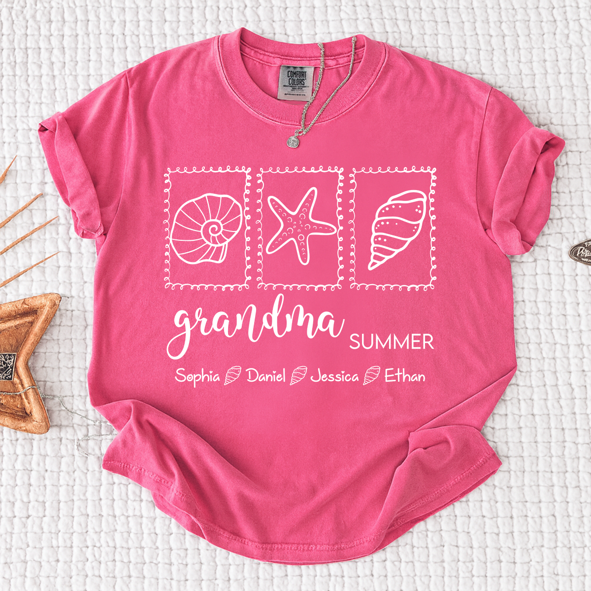 Comfort Colors Personalized Grandma Summer Shirt, Custom Grandkids Names Beach T-Shirt, Seashell Starfish Ocean Vacation Gift for Grandma