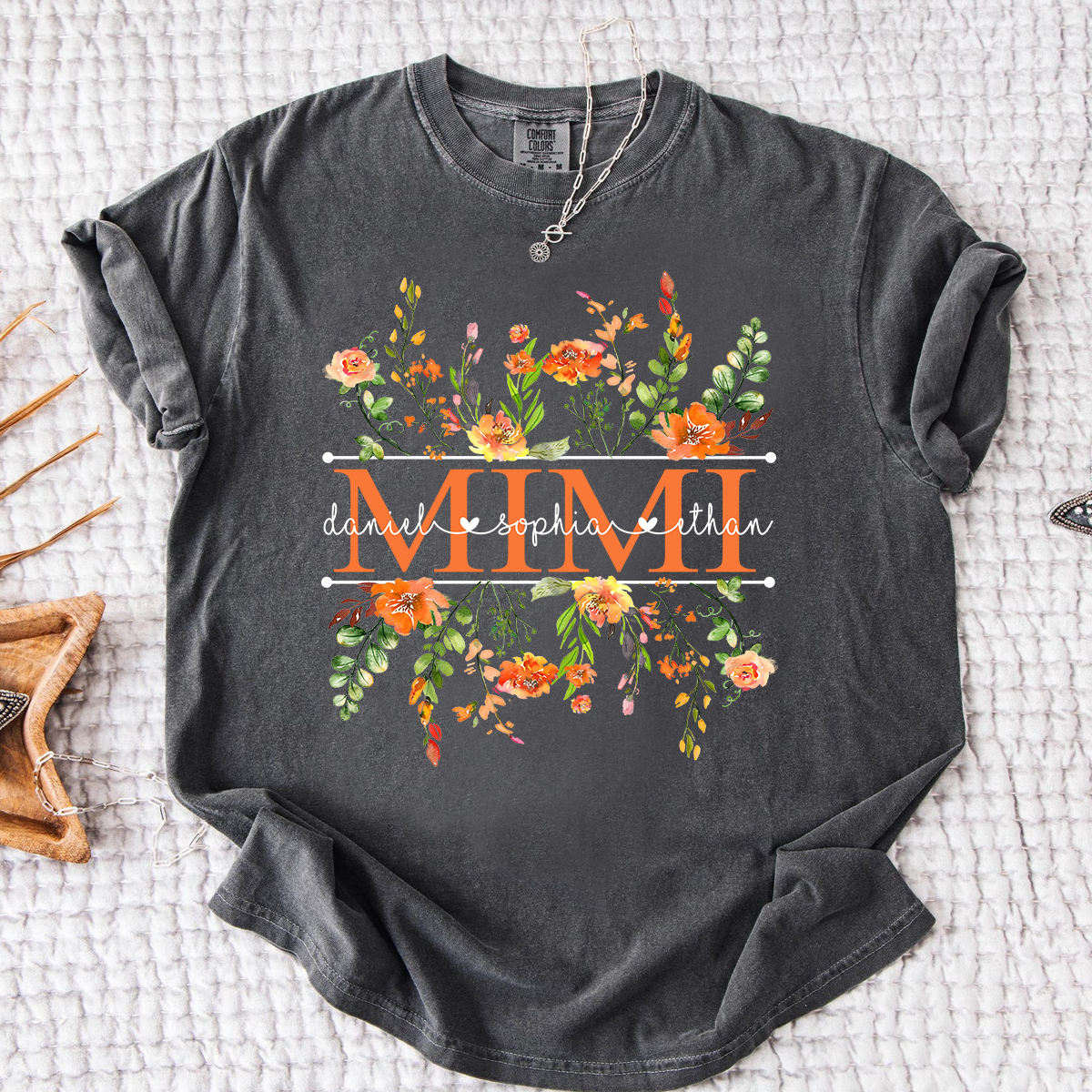 Comfort Colors Custom Mimi T-Shirt with Orange Wildflowers – Personalized Grandmother Gift Featuring Kids Names