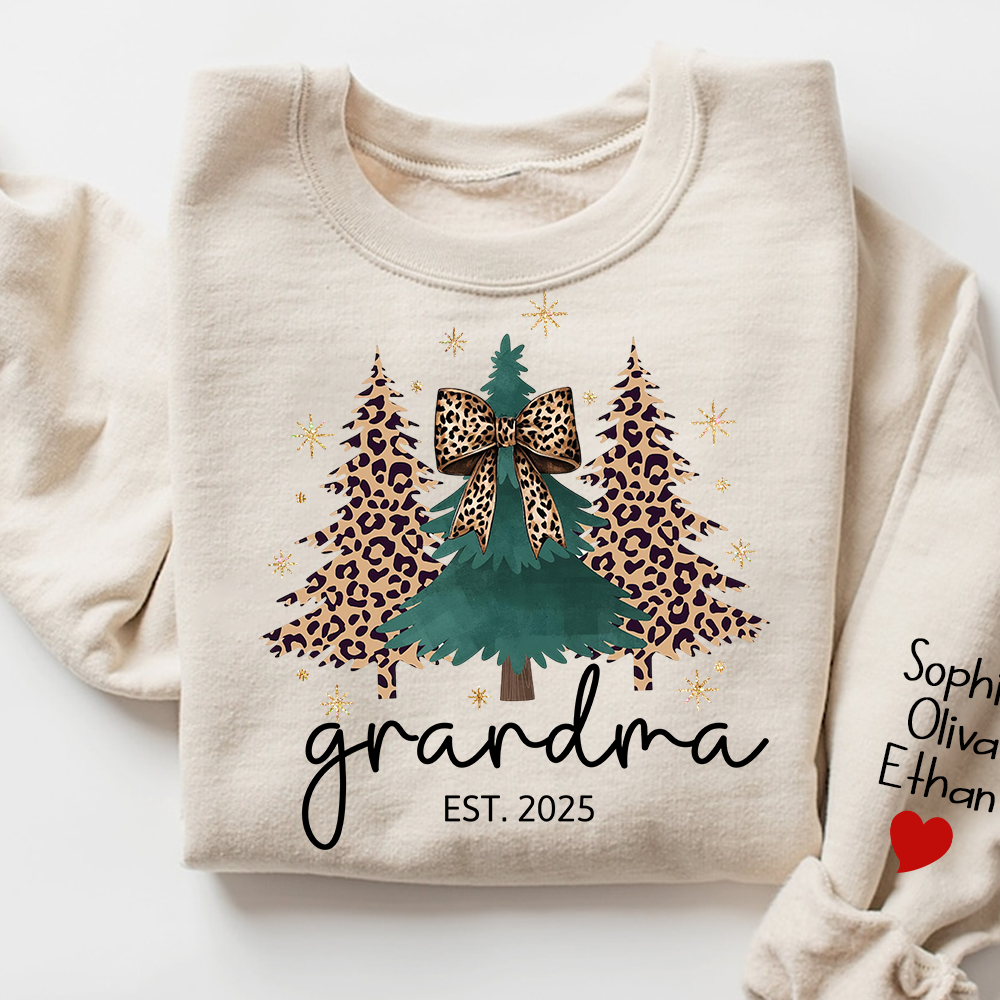 Christmas Sweater Printed with Personalized Name, Leopard Christmas Tree Personalized Gift for Grandma