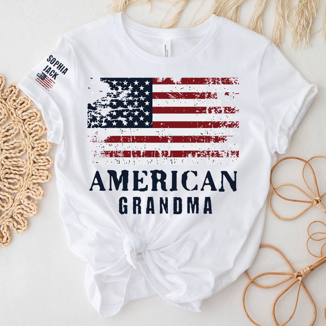 Custom American Grandma T-Shirt, Personalized Grandkids Name Sleeve Patriotic Shirt