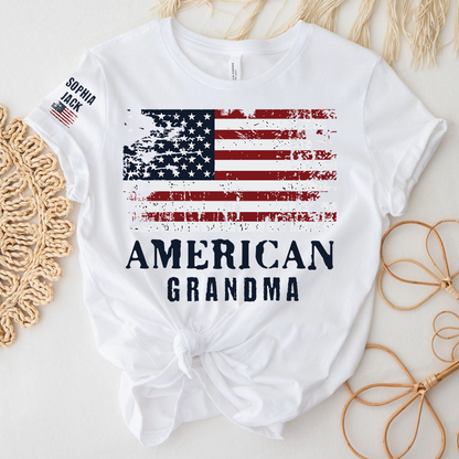 Custom American Grandma T-Shirt, Personalized Grandkids Name Sleeve Patriotic Shirt