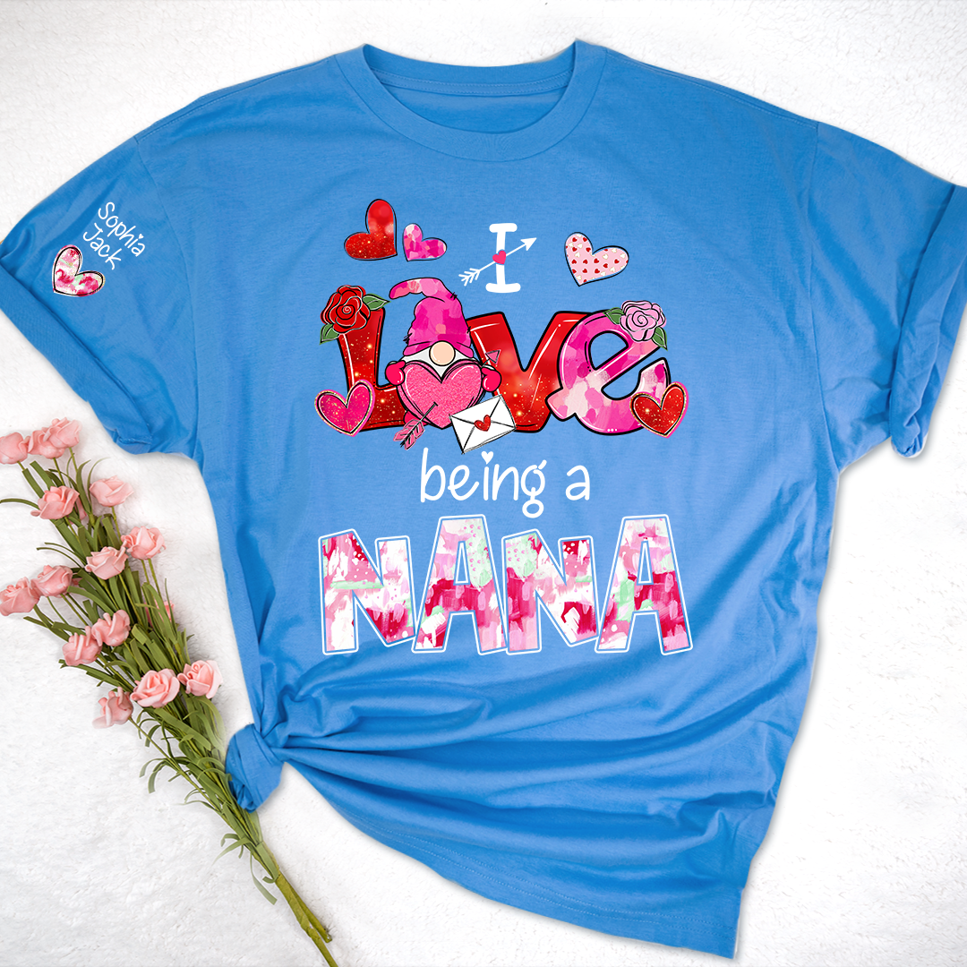 Personalized I Love Being A Nana Valentine T-shirt, Cute Bow and Strawberry Design for Grandma and Kids