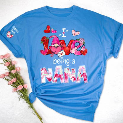 Personalized I Love Being A Nana Valentine T-shirt, Cute Bow and Strawberry Design for Grandma and Kids