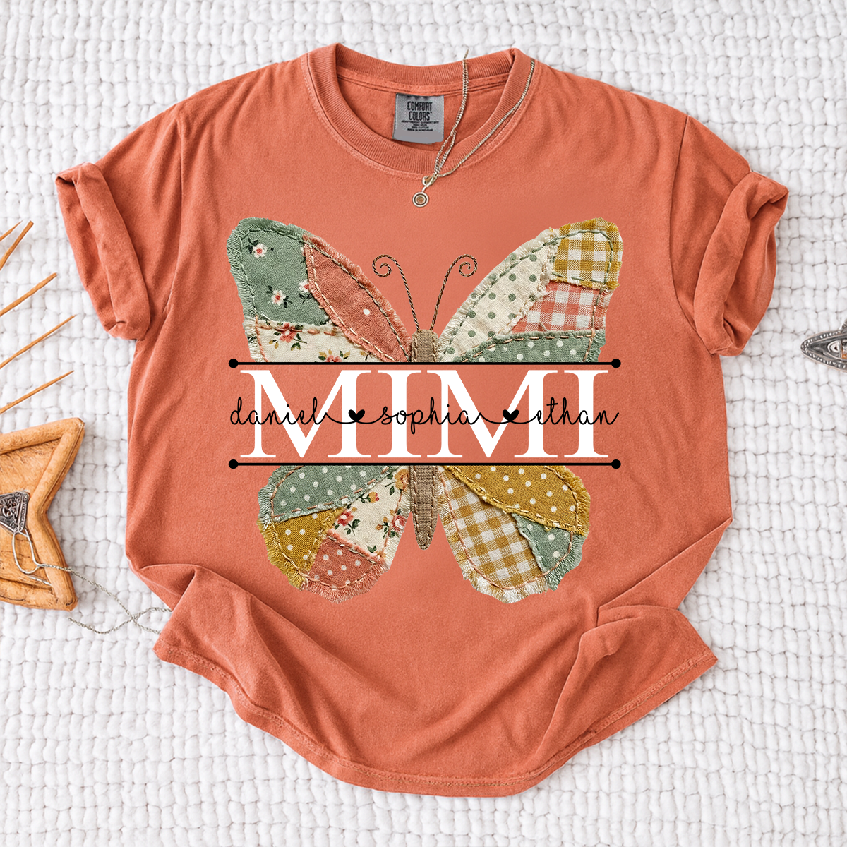 Comfort Mimi Butterfly Shirt, Custom Grandkids Names with Colorful Patchwork Butterfly Design