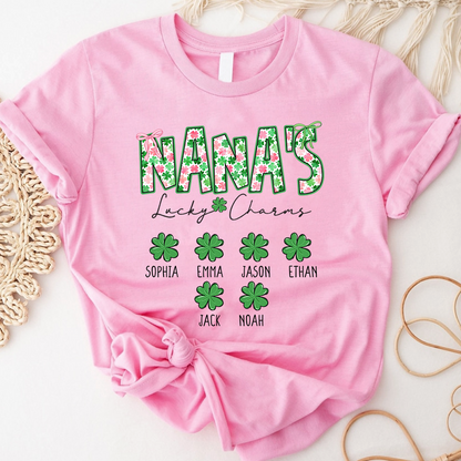 Nana’s Lucky Charms Shirt, Personalized St Patrick’s Day Shamrock Family T-Shirt