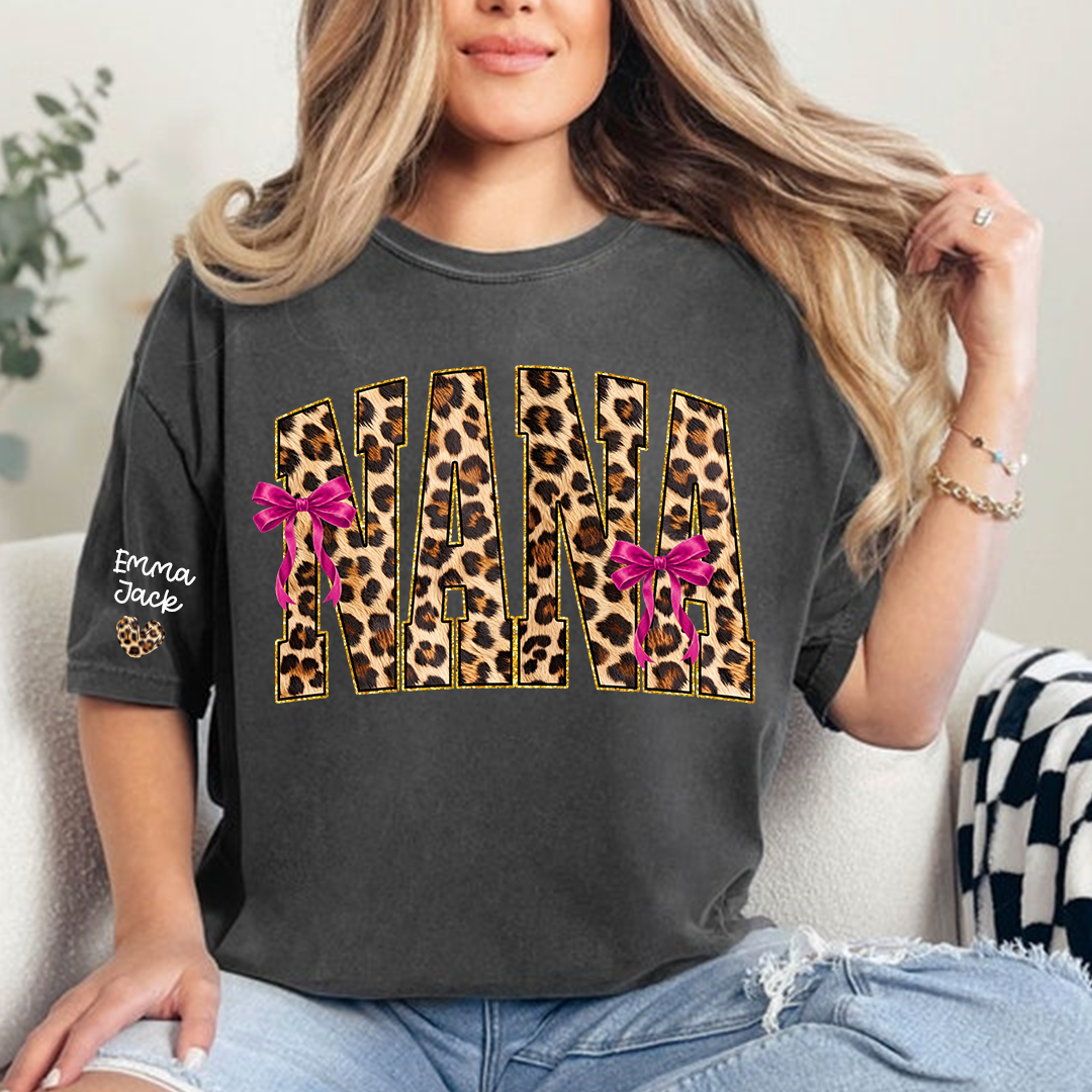Custom Nana Shirt, Leopard Print And Bow Gift for Mimi Grandma And Kids