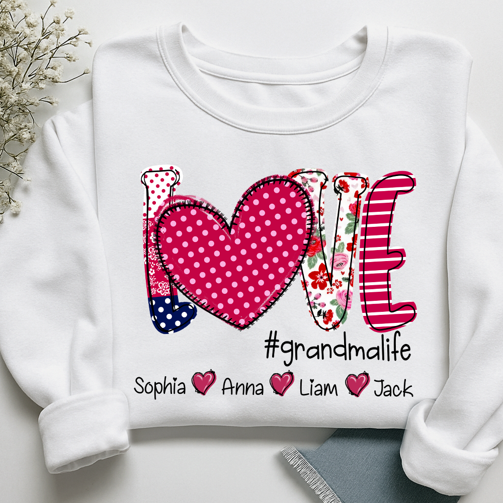 Love Grandma Shirt, Heart Patchwork Sweatshirt with Kids’ Names