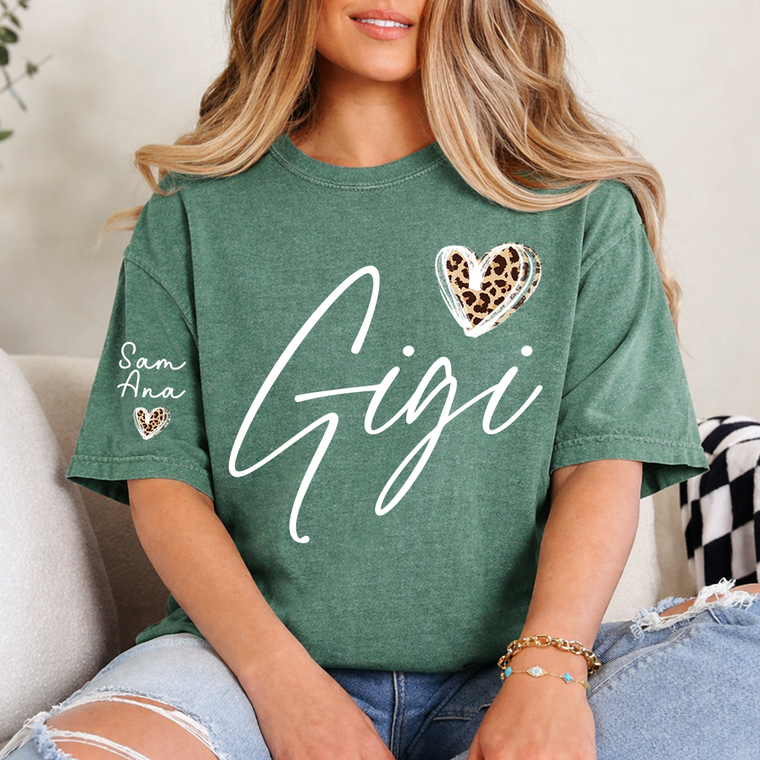 Personalized Gigi Heart Leopard Print T-shirts Custom Family T-Shirt with Heart Shape and Name