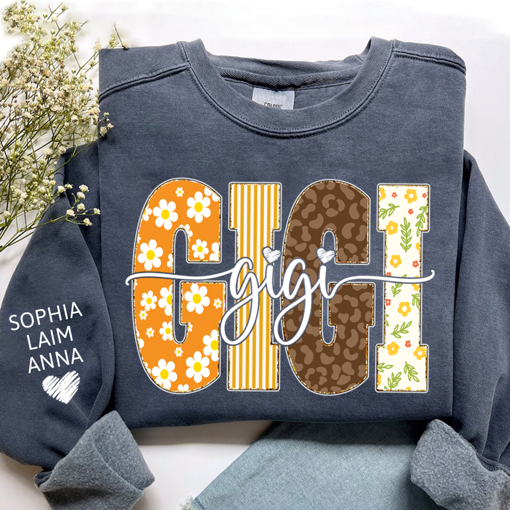 Gigi Fall Grandma Sweatshirt – Custom Name Sleeve and Retro Plaid Floral Letter Design