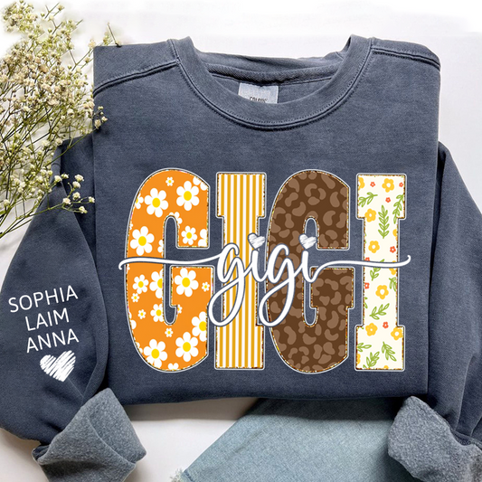 Gigi Fall Grandma Sweatshirt – Custom Name Sleeve and Retro Plaid Floral Letter Design