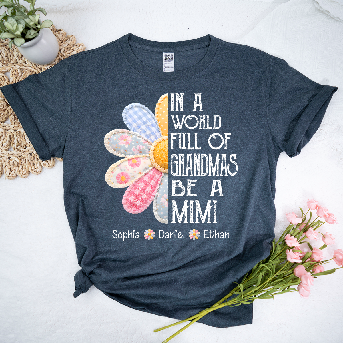 Custom Mimi T Shirt with Grandchildren Names, Vintage Patchwork Flower Graphic Tee, In A World Full of Grandmas Be a Mimi Shirt
