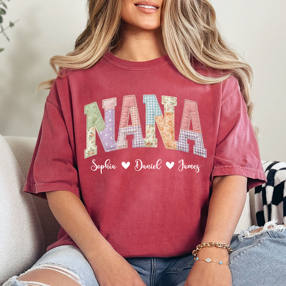 Personalized NANA Shirt – Cute Patchwork Design with Names of Loved Ones, Perfect for Grandmother