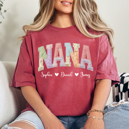 Personalized NANA Shirt – Cute Patchwork Design with Names of Loved Ones, Perfect for Grandmother