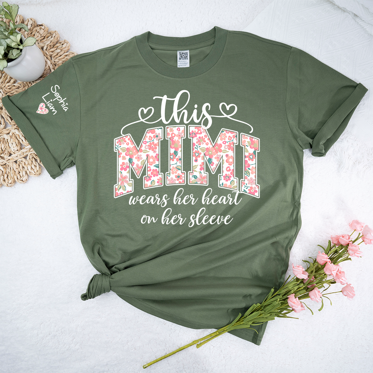 This Mimi Wears Her Heart On Her Sleeve Shirt, Personalized Mimi Shirt with Kids Names on Sleeve, Custom Grandma Gift
