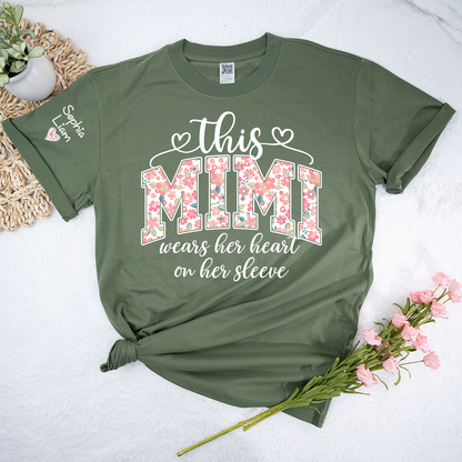 This Mimi Wears Her Heart On Her Sleeve Shirt, Personalized Mimi Shirt with Kids Names on Sleeve, Custom Grandma Gift
