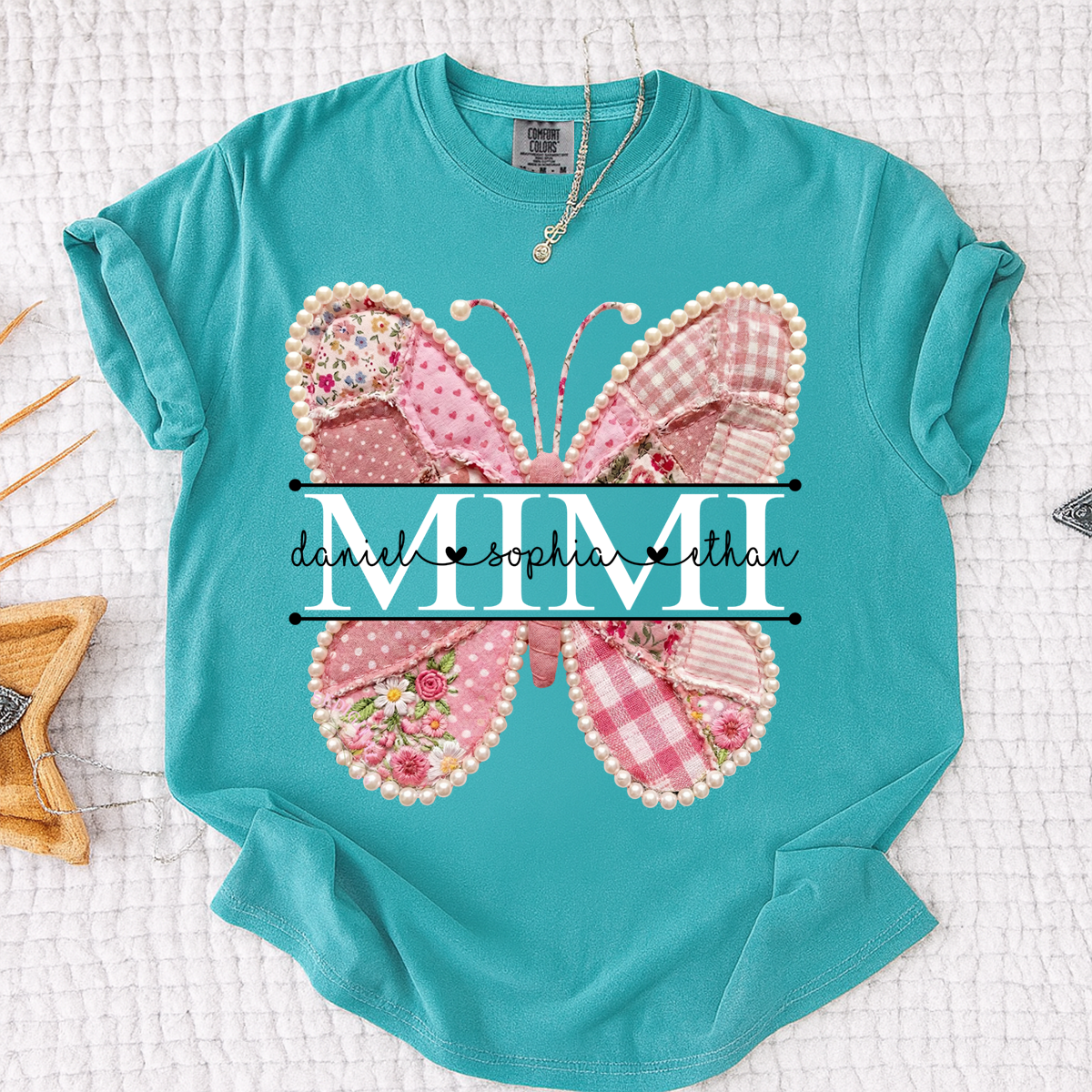 Comfort Personalized Mimi Shirt with Grandkids Names, Pink Butterfly Patchwork Design Family Tee