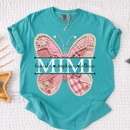 Comfort Personalized Mimi Shirt with Grandkids Names, Pink Butterfly Patchwork Design Family Tee