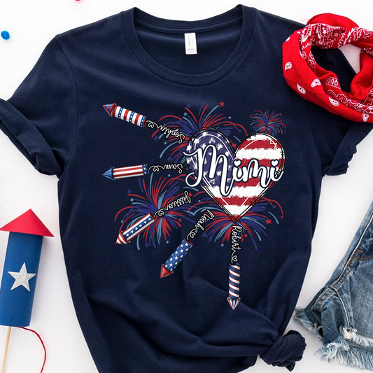 Patriotic Mimi Shirt with Firework Heart and American Flag Design for 4th of July
