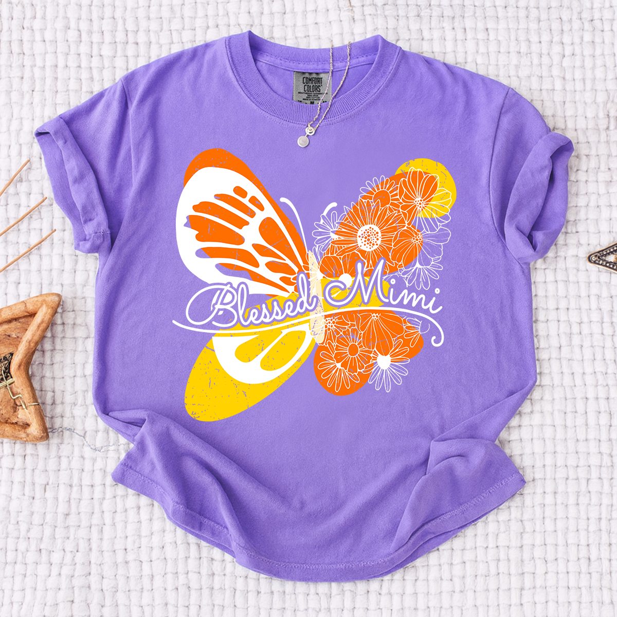 Comfort Colors Personalized Blessed Mimi Shirt with Butterfly and Floral Design, Custom Grandkids Names
