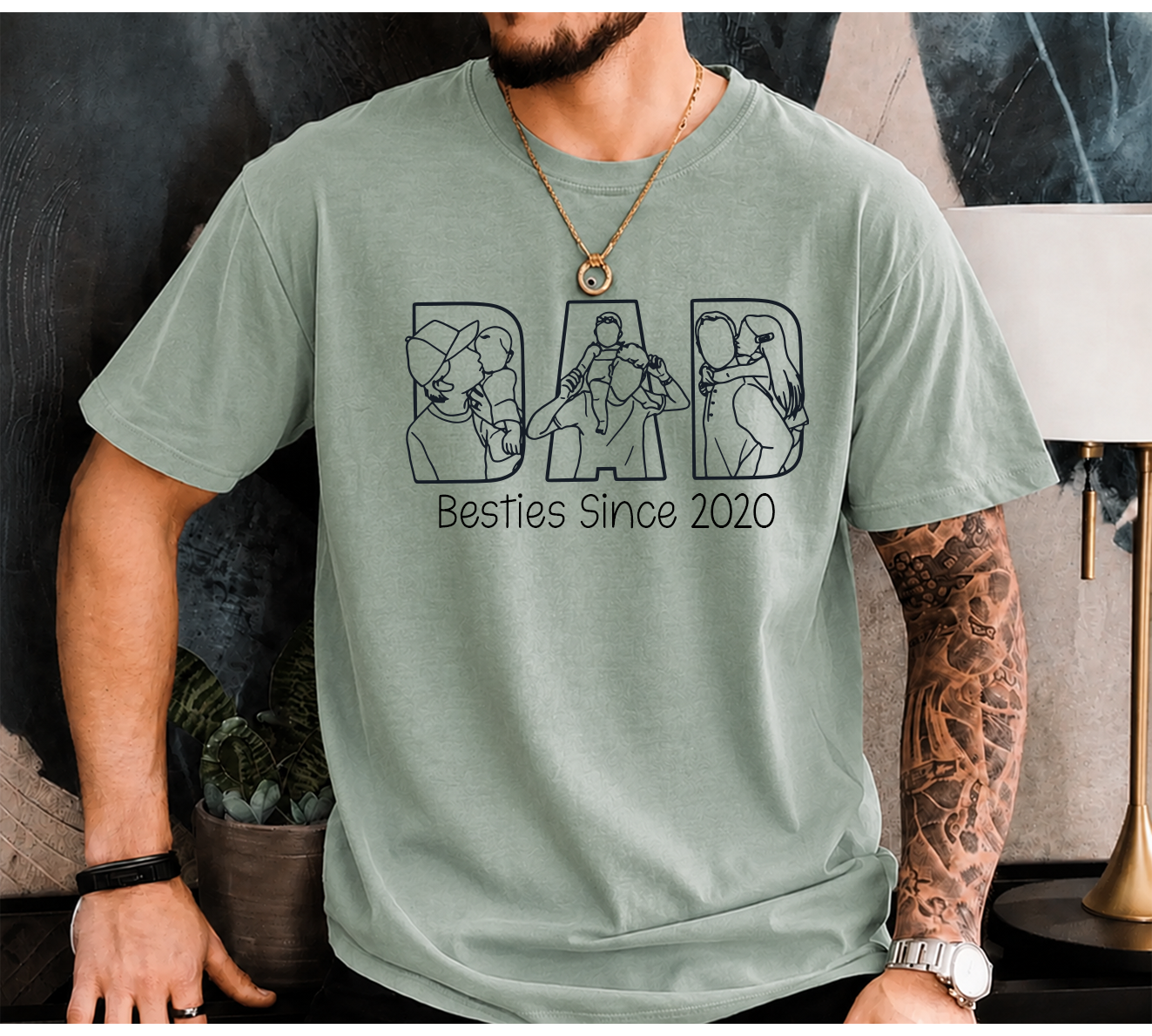 Personalized Photo Dad T-Shirt – Custom Line Art Family Design Gift for Daddy Papa Dad