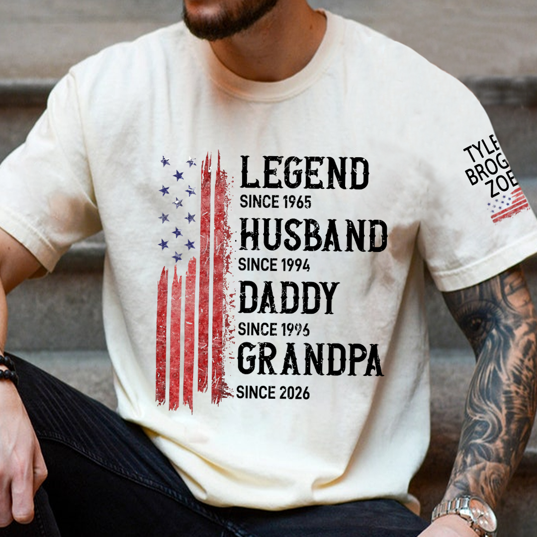 Personalized American Flag Printed T-Shirt For Husband, Father, Grandfather, With Custom Names Of Grandchildren