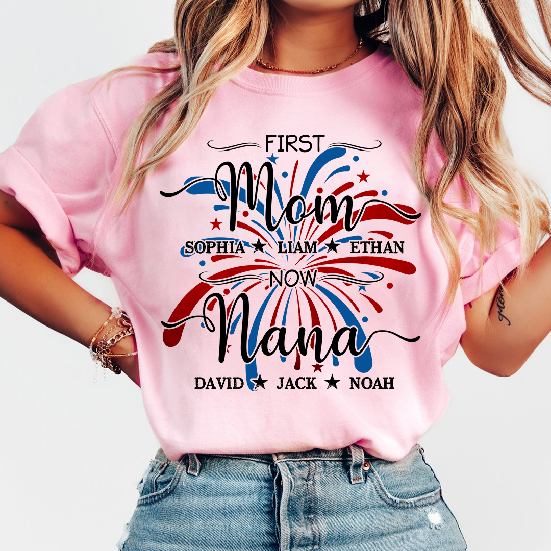Custom Printed T-shirts Featuring American Fireworks For First Mom, Now Grandma, Patriotic T-shirts With Personalized Family Names For Grandma And Her Grandchildren