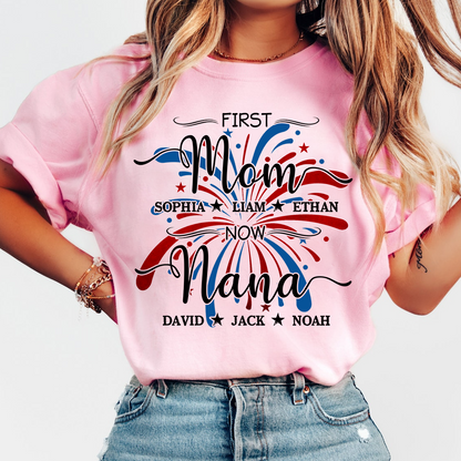 Custom Printed T-shirts Featuring American Fireworks For First Mom, Now Grandma, Patriotic T-shirts With Personalized Family Names For Grandma And Her Grandchildren