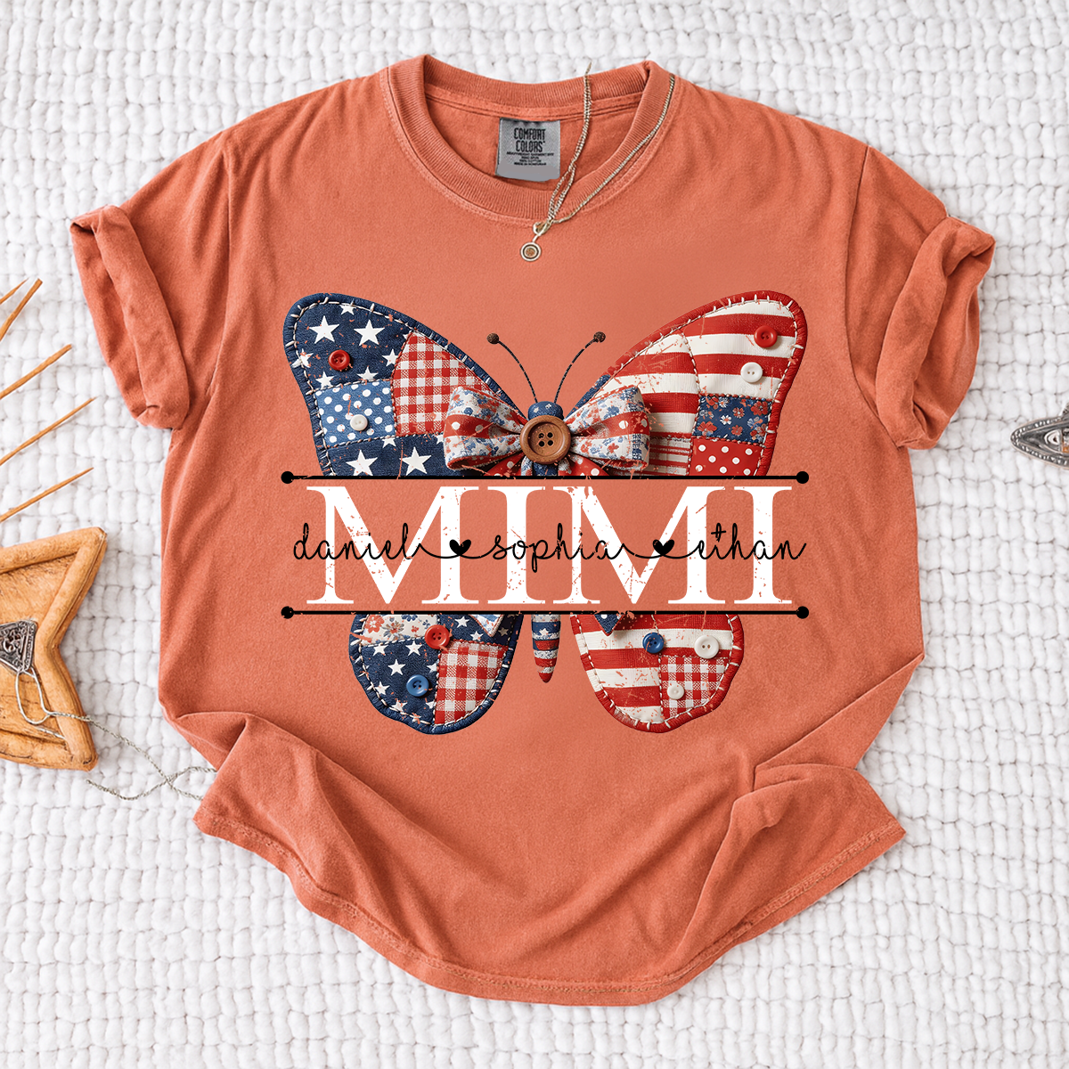 Comfort Mimi Patriotic Shirt, Custom Names with USA Flag and Floral Butterfly Graphic