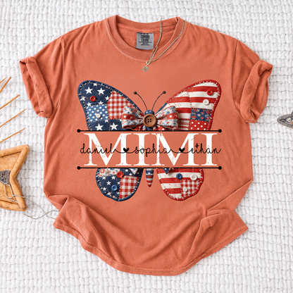 Comfort Mimi Patriotic Shirt, Custom Names with USA Flag and Floral Butterfly Graphic
