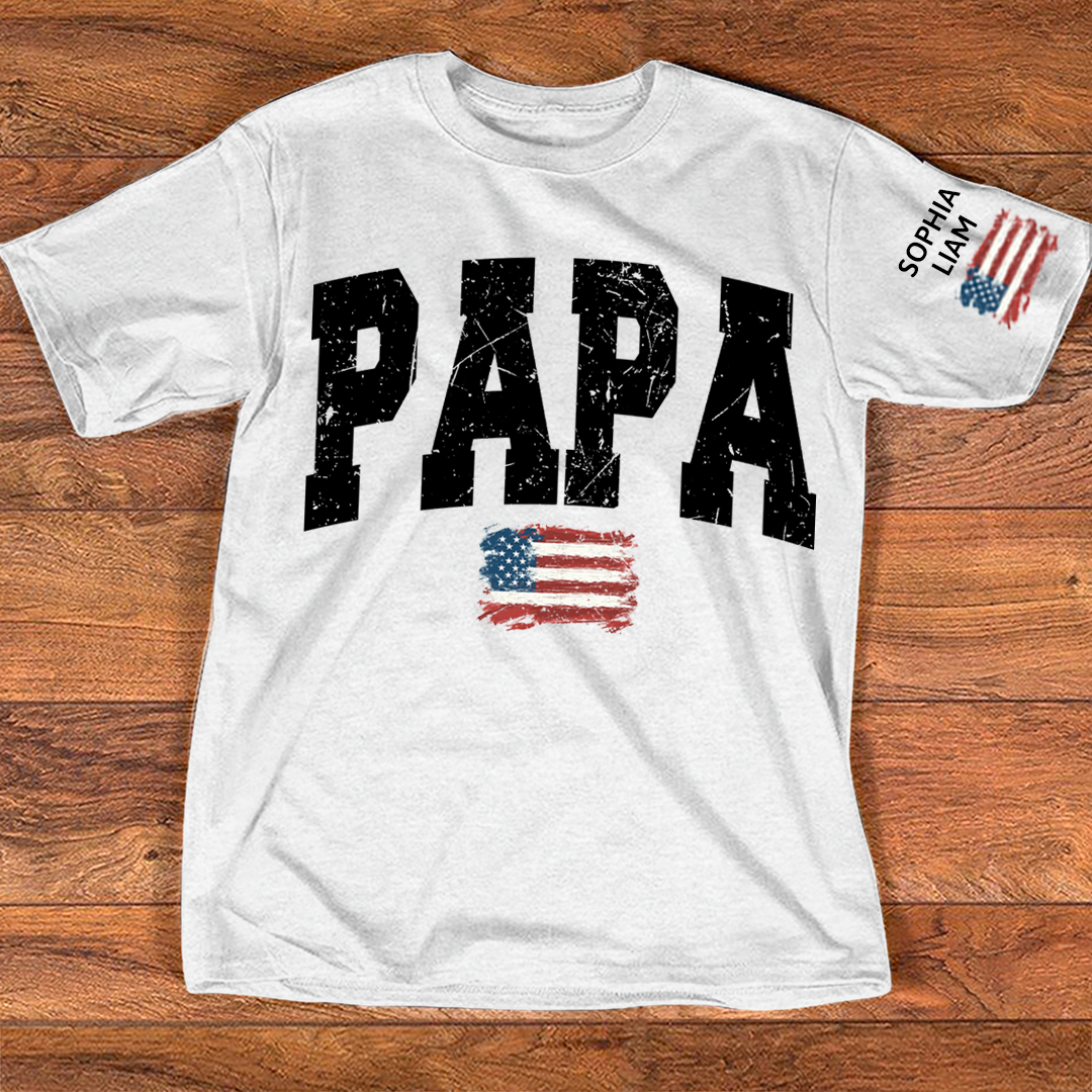 Personalized American Flag Printed Papa T-Shirt, With Custom Grandpa And Kids