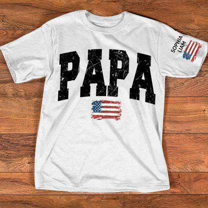 Personalized American Flag Printed Papa T-Shirt, With Custom Grandpa And Kids