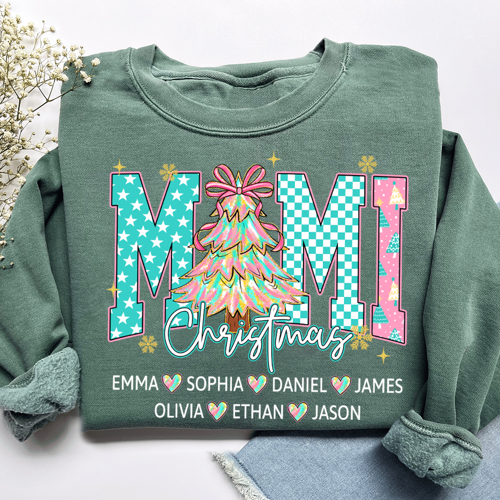 Christmas Tree Mimi Sweatshirt, Custom Family Name for Grandma And Kids