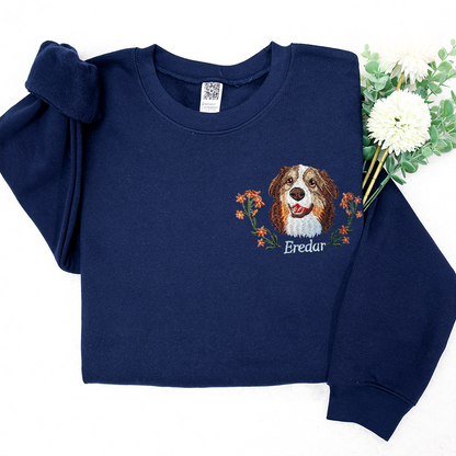 Custom Dog Portrait Embroidered Sweatshirt, Personalized Pet Face and Pet name Sweatshirt