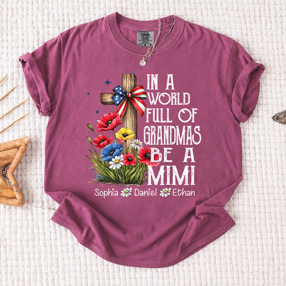 In a World Full of Grandmas Be a Mimi T-Shirt, Personalized Mimi T-Shirt with Cross and Floral Design