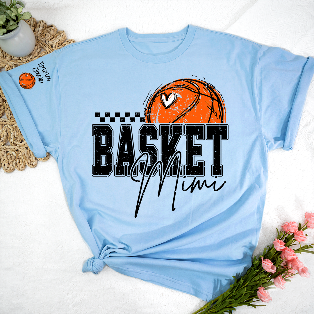Custom Basketball Mimi Shirt, Personalized Family Tee with Grandchildren Names and Basketball Graphic