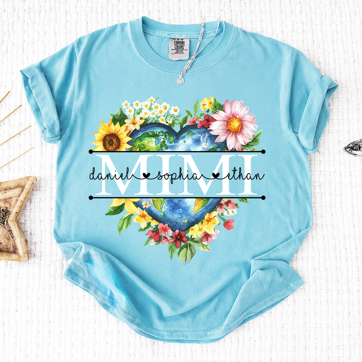 Comfort Colors Custom Mimi Heart Shaped Earth Shirt, Floral Heart Graphic with Grandkids Names, Family Love Tee