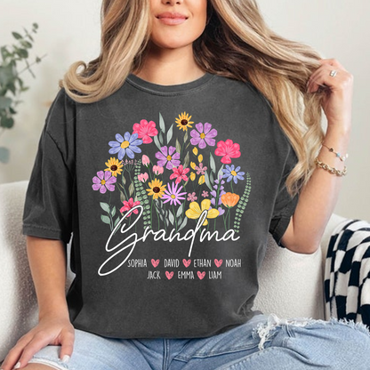 Personalized Grandma Floral Shirt, Custom Family Names T-Shirt with Wildflower Design