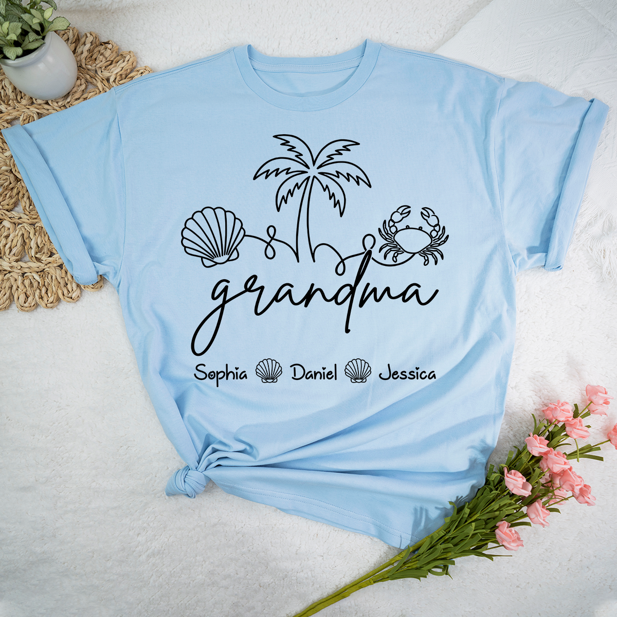 Personalized Grandma Beach Shirt with Grandkids Names, Coastal Palm Tree and Seashell Tee, Custom Summer Family Gift for Grandma