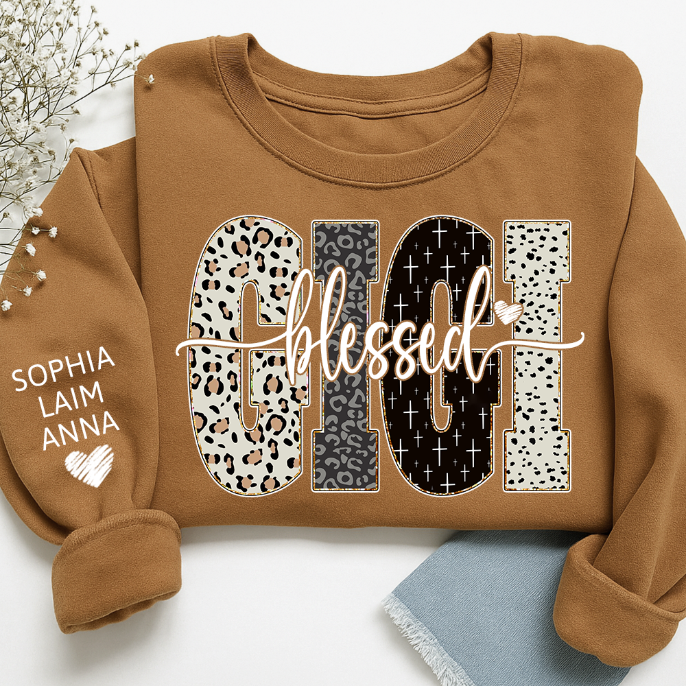 Personalized Blessed Gigi Leopard Sweatshirt – Custom Bible Style Design, Unique Gift for Grandma and Her Grandkids