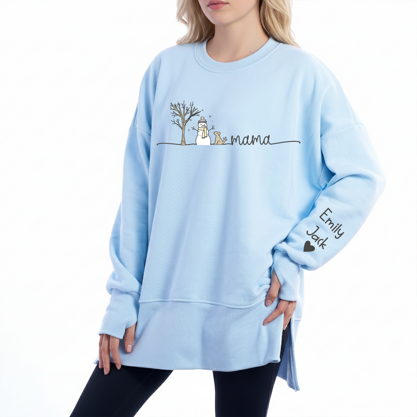 Custom Mama And Kids Name Women Oversized Sweatshirt – Personalized Thumbhole Long Sleeve Pullover, Cozy Fall Side Slit Sweater