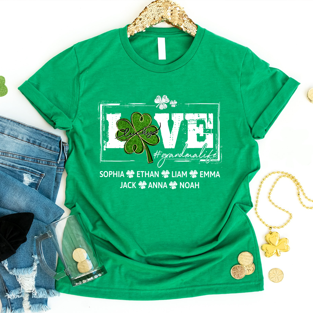 Grandma St Patrick’s Day Shirt, LOVE Shamrock Grandmalife Personalized Family T Shirt