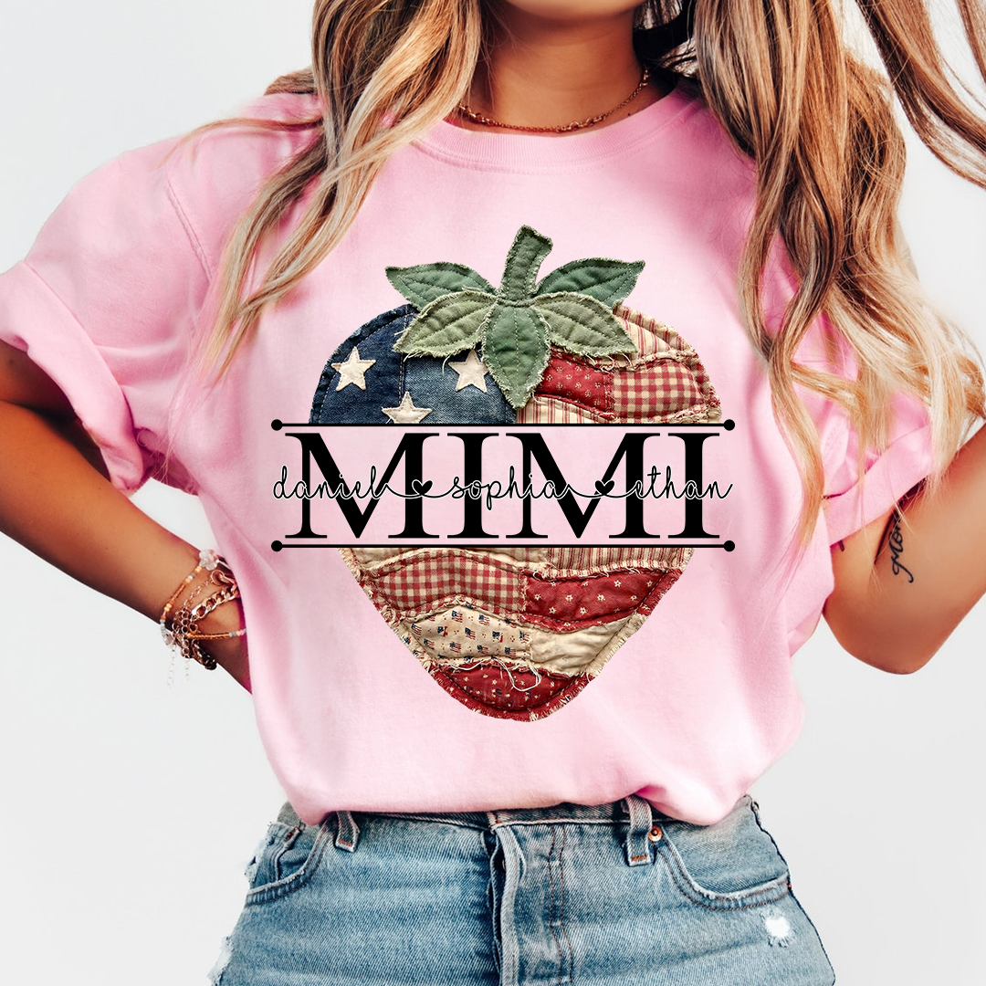 Custom 4th of July Mimi Strawberry T-Shirt, Personalized Patriotic Red White Blue Tshirt