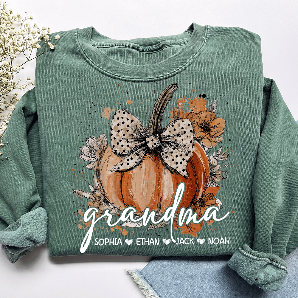 Custom Grandma Pumpkin Shirt, Cozy Autumn Sweatshirt with Kids Names