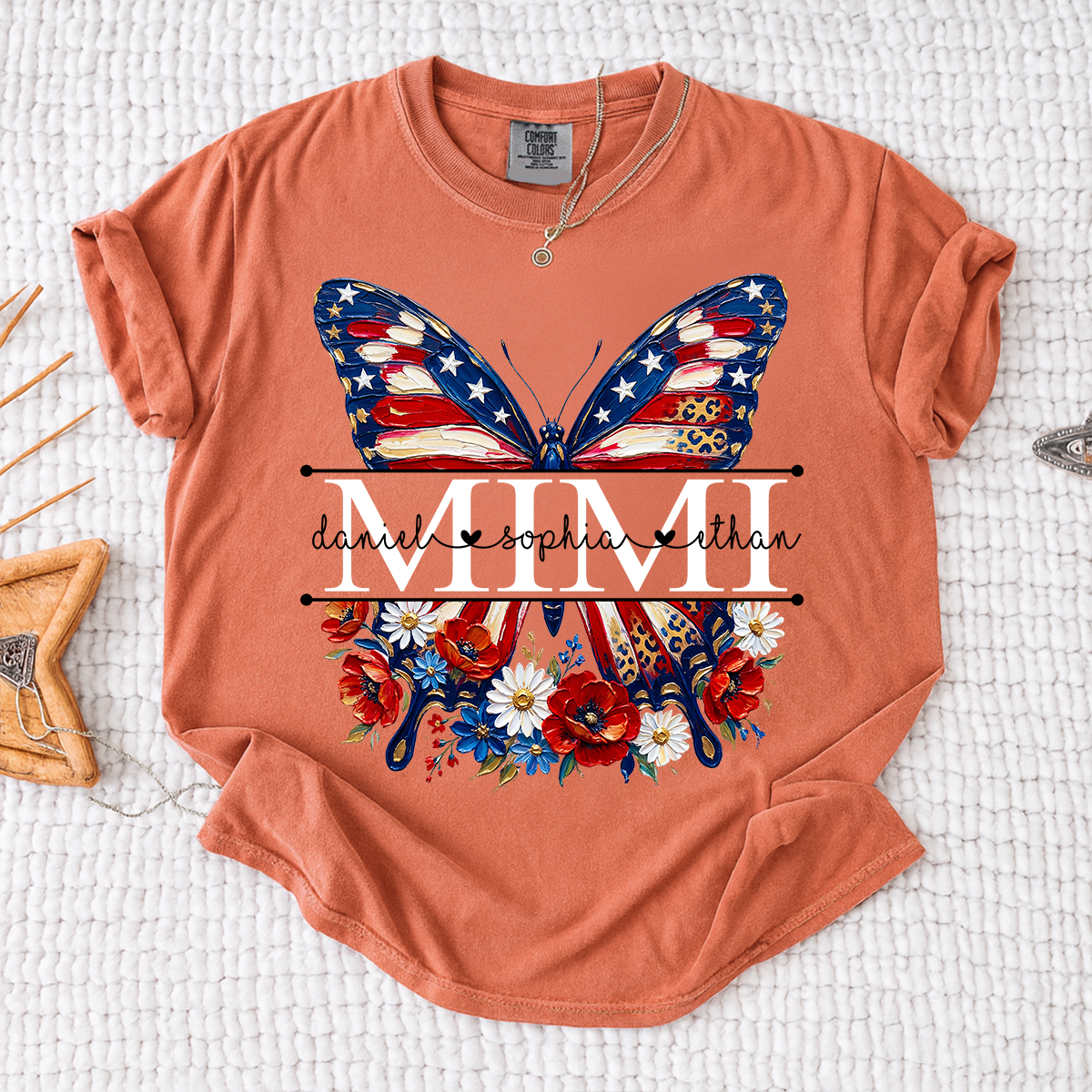 Comfort Custom Mimi T Shirt with Grandkids Names, American Flag Butterfly Family Tee