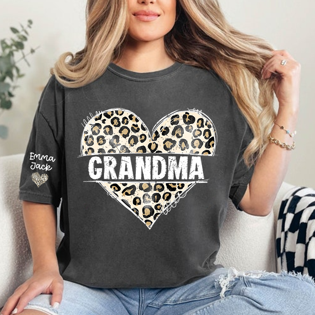Leopard Heart Grandma Shirt, Personalized Grandkids Names Family T Shirt