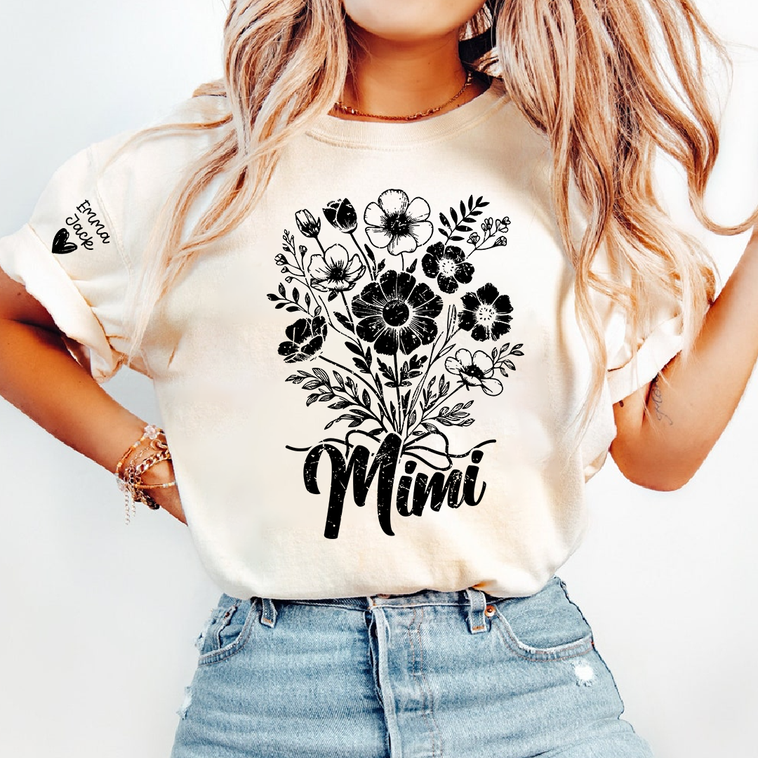 Personalized Mimi Shirt with Vintage Flower Graphic, Custom Names Family Gift
