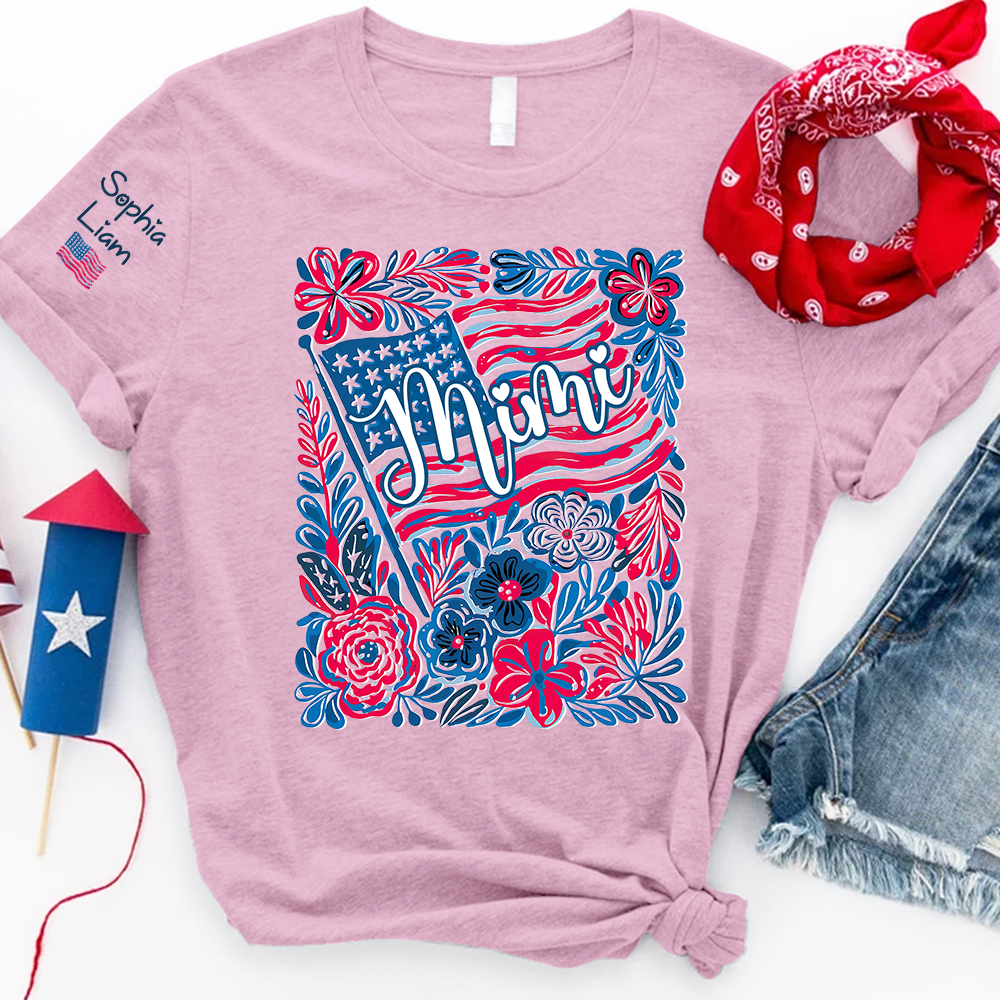 Personalized Mimi Shirt with Kids Names Patriotic Floral Design USA Flag Custom Family Tee