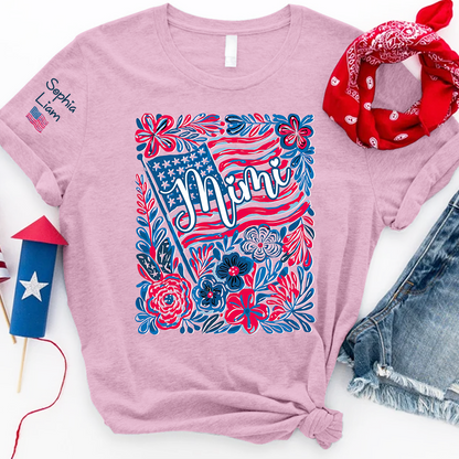 Personalized Mimi Shirt with Kids Names Patriotic Floral Design USA Flag Custom Family Tee