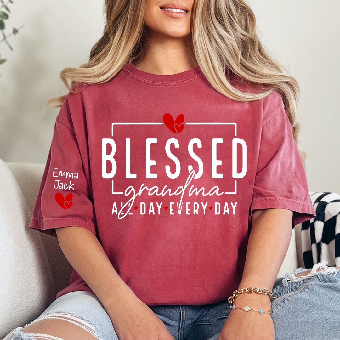 Blessed Grandma All Day Every Day Shirt, Personalized Family T Shirt with Grandkids Names and Heart Design