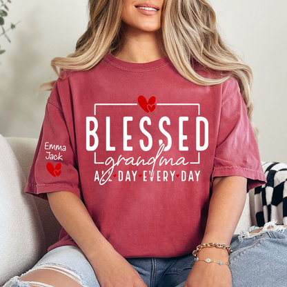 Blessed Grandma All Day Every Day Shirt, Personalized Family T Shirt with Grandkids Names and Heart Design